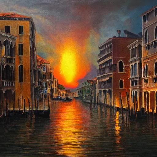 Prompt: an oil painting of a nuclear explosion in venice