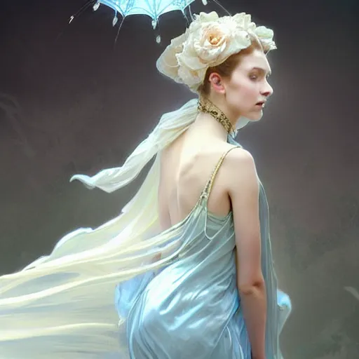 Image similar to woman dressed in a vaporous wrapped large victorian cream roses silk semi-transparent blue and cream dress fashion is running D&D, fantasy, intricate, elegant, highly detailed, digital painting, artstation, concept art, matte, sharp focus, illustration, art by Artgerm and Greg Rutkowski and Alphonse Mucha