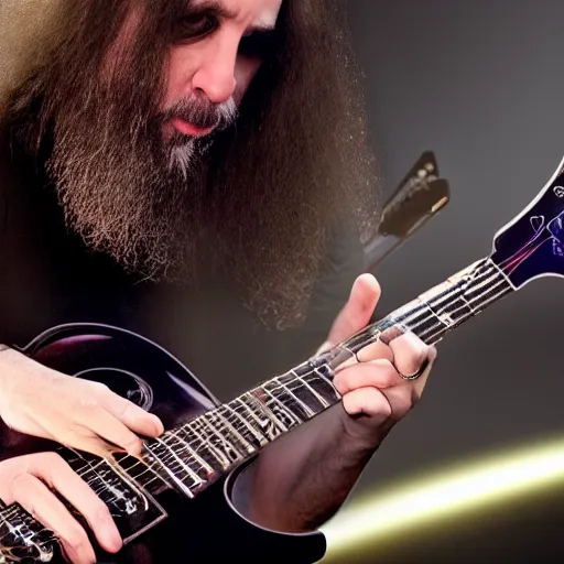 Image similar to John Petrucci from Dream Theater doing a guitar solo on the moon