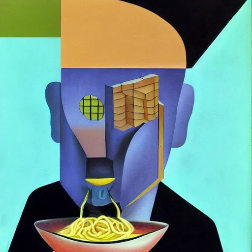 Image similar to surrealist painting, chinese man eating noodles, cubism