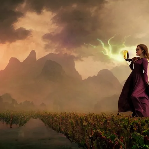 Prompt: a highly detailed matte painting of emma watson as an unbelievably powerful vampire witch, drinking wine, floating in the air doing blood magic, viewed in profile from far away, crackling green lightning, ultrawide lens, art by artgerm and greg rutkowski and alphonse mucha, volumetric lighting, octane render, 4 k resolution, trending on artstation, masterpiece