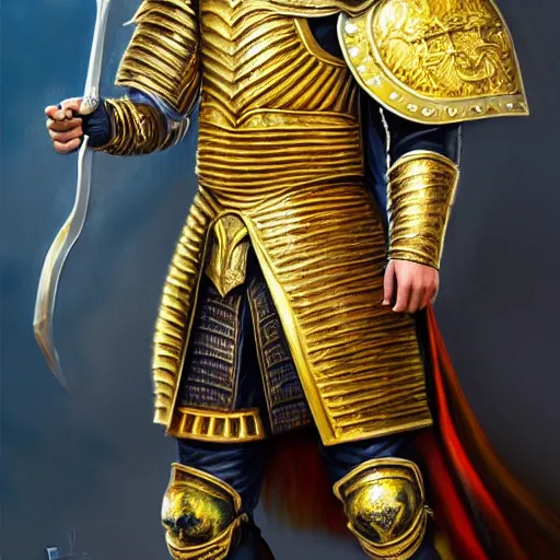 Prompt: Hyper-realistic painting of the King of the Desert, Warrior at war, battle field, action, Gold Armour suit, Sword, handsome attractive face, attractive young man, beautiful face, dramatic lighting, majestic, D&D, fantasy, elegant, intricate, highly detailed, digital painting, concept art, sharp focus, illustration, trending on artstation, art by artgerm and greg rutkowski and alphonse mucha