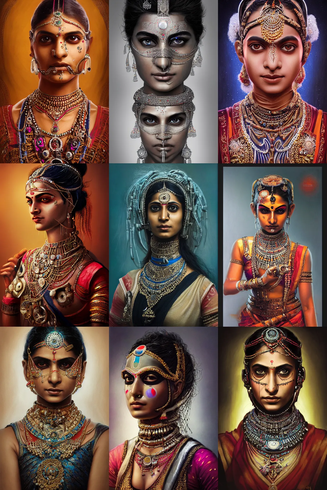 Prompt: a stunning ultra detailed fine art portrait of an indian classical dancer girl wearing a cybernetic techno bandana mask, cyberpunk, by tom bagshaw and zach sutton, 8 5 mm lens, sharp focus, futuristic mechanoid humanoid, studio lighting, perfect face and eyes, very detailed, artstation, 8 k