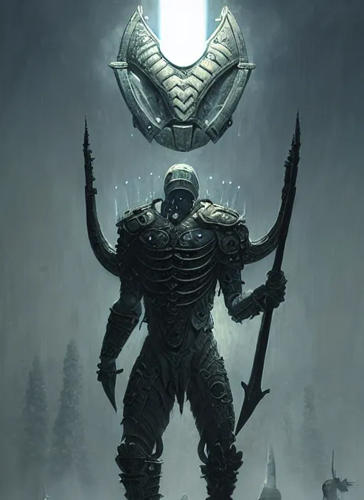 Image similar to masterpiece, nordic warrior with svalinn shield concept art, intricate matte painting, doom, elegant, majestic, epic, art by h. r. giger, greg rutkowski, josan gonzalez, alexey egorov, biomechanical armor, lightning, electricity sparks, glowing eyes