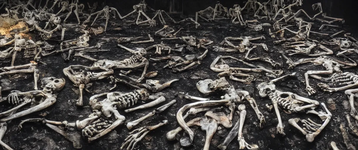 Prompt: filmic closeup dutch angle movie still 4k UHD 35mm film color photograph of a dozen charred burnt human skeletons on the floor of a partly burnt science lab , in the style of a 1980s horror film