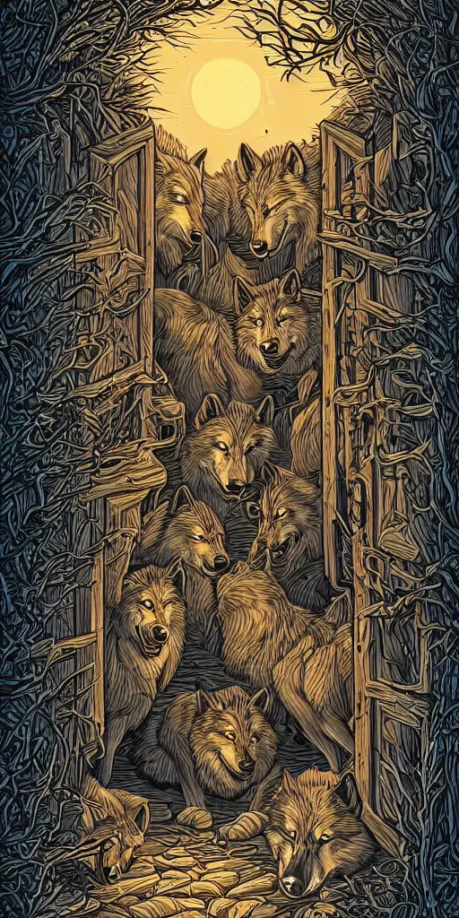 Image similar to wolves at the door by Dan Mumford