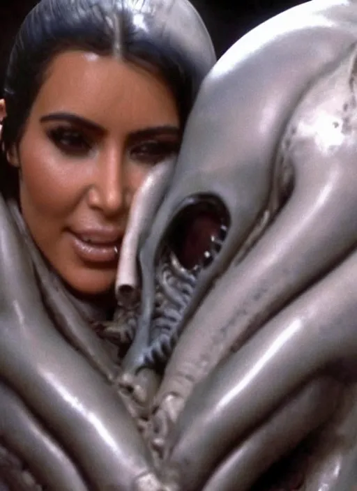 Image similar to film still of kim kardashian hugging an xenomorph in Alien.