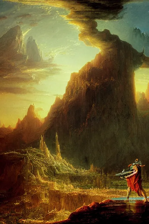 Image similar to a midgar legendary warrior painted by thomas cole