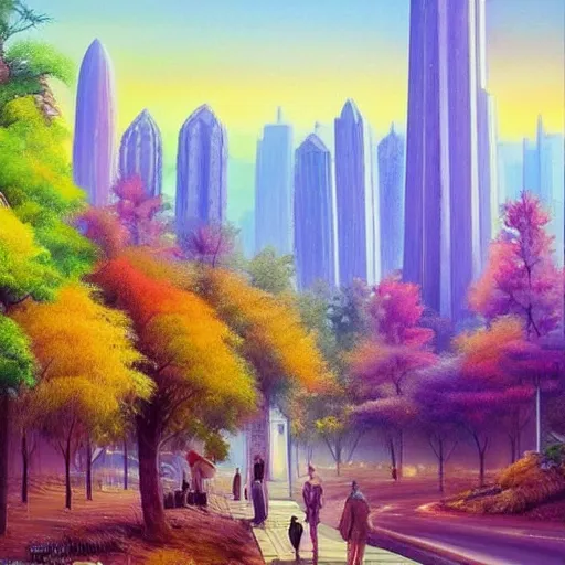 Image similar to Beautiful city of the future in harmony with nature. Nice colour scheme, soft warm colour. Beautiful detailed painting by Lurid. (2022)