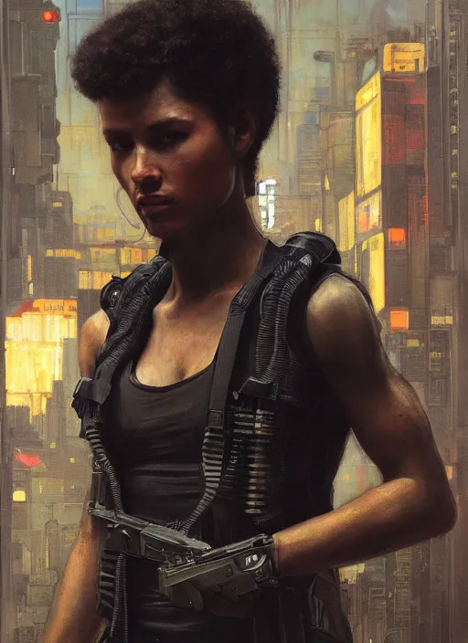 Image similar to 🤸🏿♀. cyberpunk mercenary in a military vest ( blade runner 2 0 4 9, cyberpunk 2 0 7 7 ). orientalist portrait by john william waterhouse and james gurney and theodore ralli and nasreddine dinet, oil on canvas. cinematic, hyper realism, realistic proportions, dramatic lighting, high detail 4 k