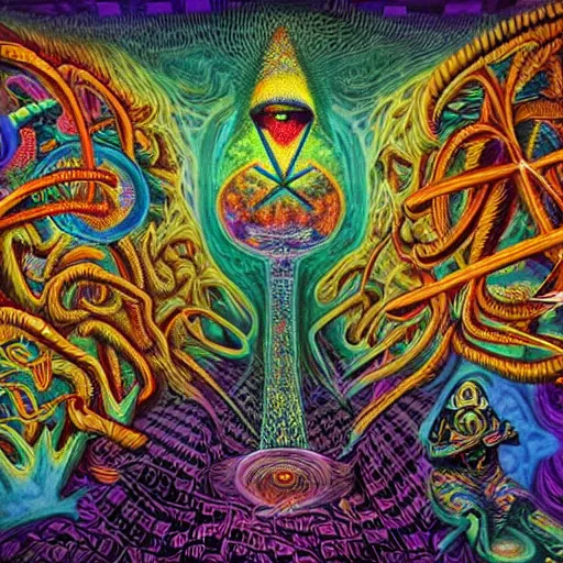 Prompt: Psychedelic DMT experience with inter-dimensional entities in a surreal freemasonic checkered trippy dreamscape, trippy visuals in the style of an album cover by Howard Finster, Michael Cheval (unreal engine, 3d highly detailed, 8k, UHD, fantasy, dream, otherworldly, bizzare, spirals, colourful, vivid)