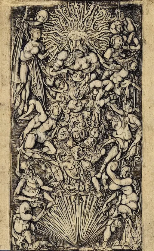 Prompt: an extremely detailed manuscript depicting a monstrous image of the god apollo transforming into a stylized sun, medieval, renaissance, manuscript, woodcut, in the style of albrecht durer, alchemical symbols