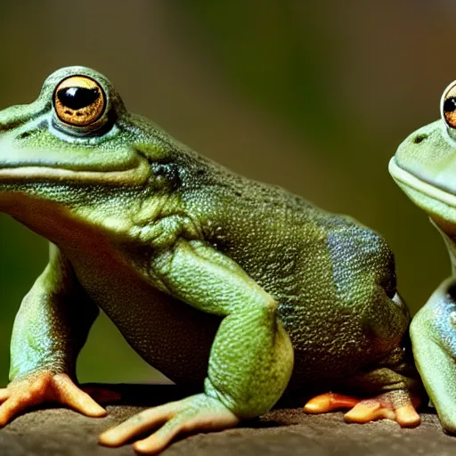 Prompt: gandalf and the hobbits as frogs, cinematic shot, 8 k, film still