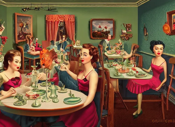 Prompt: inside 1 9 5 0 s dinner, lowbrow, matte painting, 3 - d highly detailed, in the style of mark ryden,