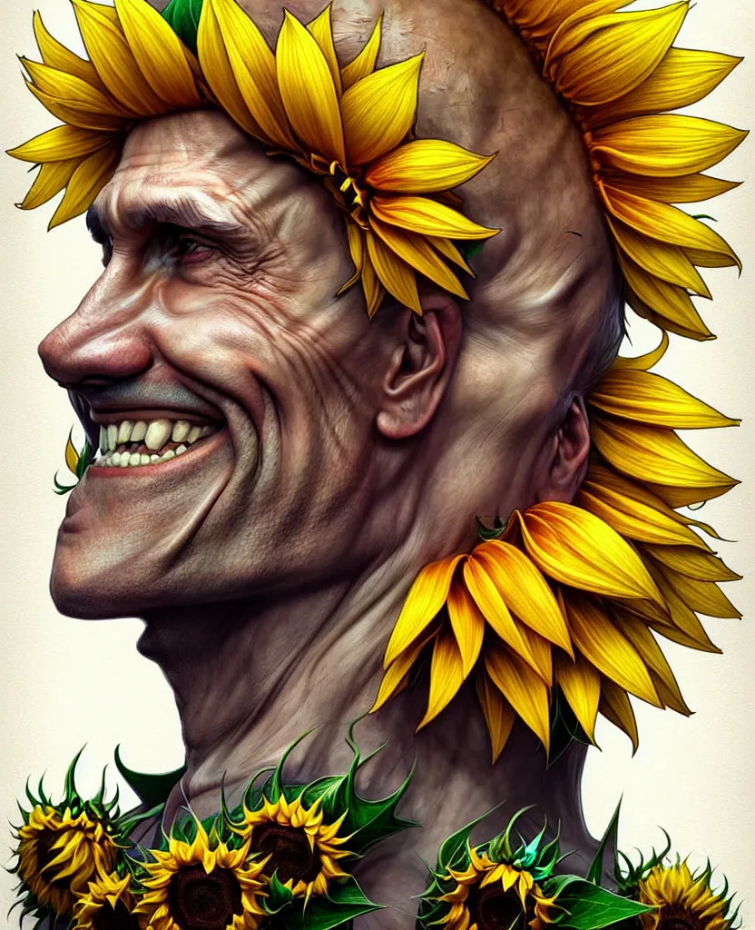 Image similar to digital art, centered full body of Putin smiling king, Sunflower crown, ,intricate, veins, by James Jean and by artgerm , by ross tran ultradetailed, charachter design, concept art, trending on artstation,