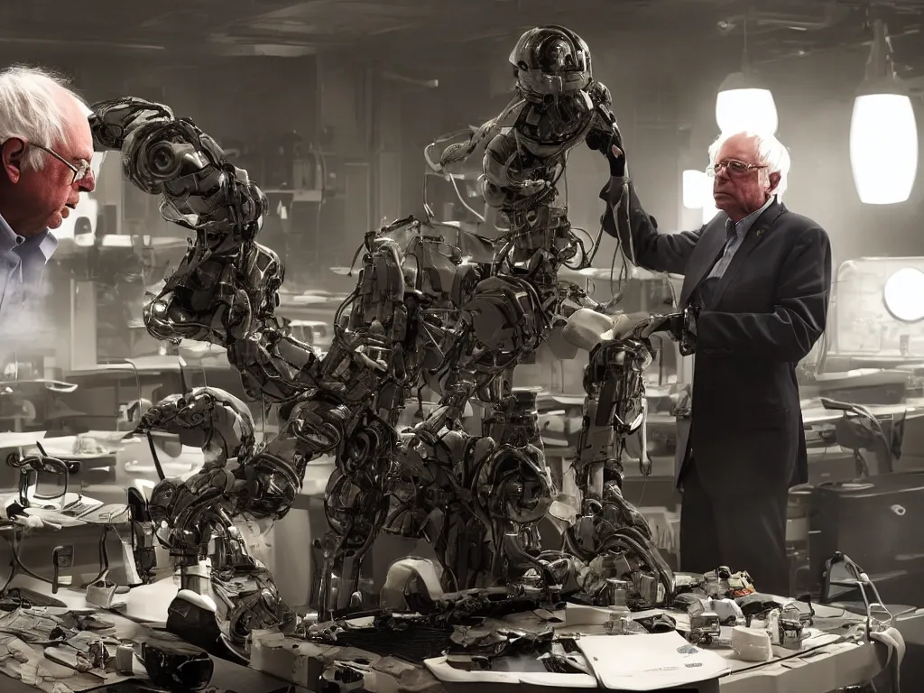 Image similar to bernie sanders putting the finishing touches on a scifi doomsday robot, cinematic moody lighting, led lighting, sharp focus, dirty smoky laboratory, imax