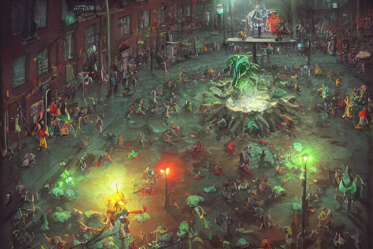 Image similar to cthulhu haunting children at the playground, painted by paul youll and marc simonetti, trending on artstation, dramatic lighting isometric view street art, crayon art, tilt - shift, final, remodernism