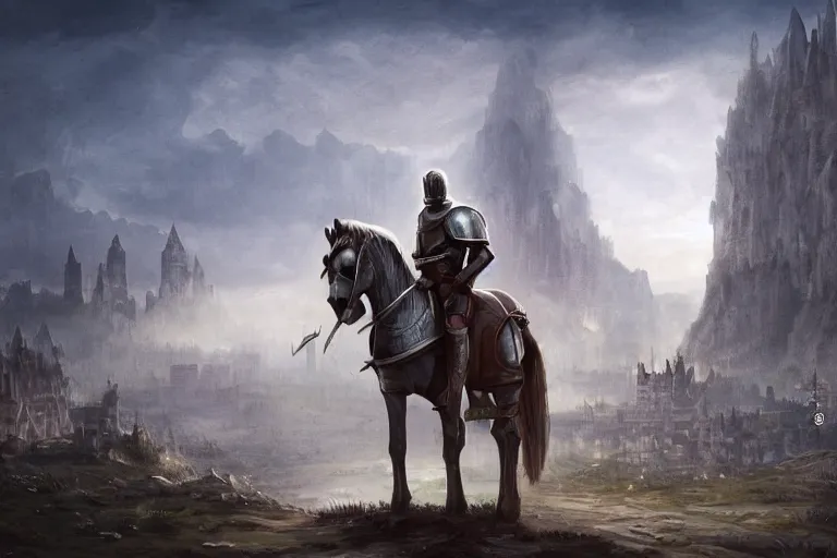 Prompt: a knight that is lost in the middle of nowhere, a city is seen but is far away from him