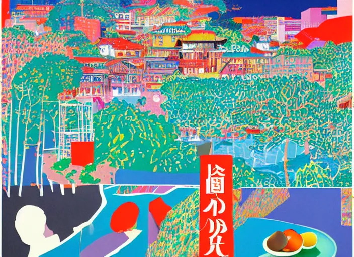Image similar to award winning graphic design poster, photocollage art depicting a variety of japan travel, beauty, tastes, crafts and more, photocollage painting by David Hockney
