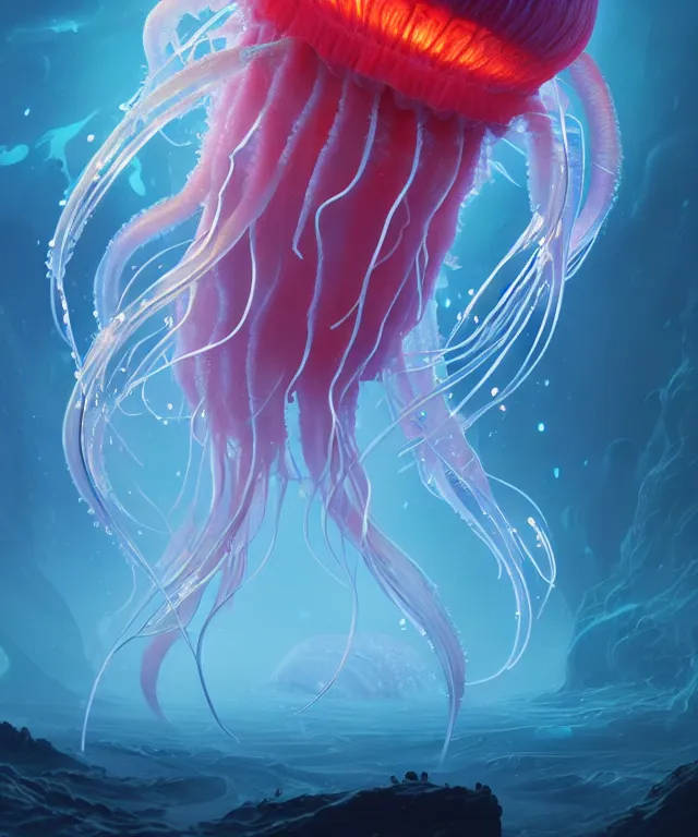 Prompt: a jellyfish creature made of bioluminescence, fantasy, elegant, crisp 8 k line work, emissive lighting, digital painting, artstation, unreal engine, octane render, concept art, matte, sharp focus, illustration, art by james jean and justin gerard and josan gonzalez