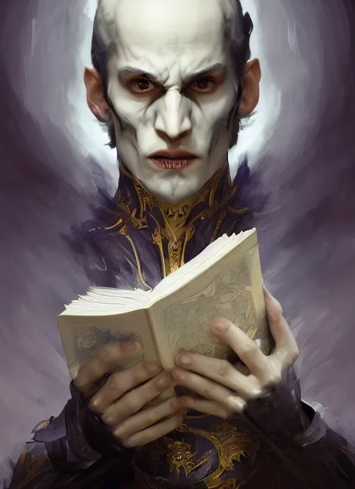 Image similar to character concept portrait of an princely young angry Spanish wizard with pale white skin and wearing half skeleton mask while casting a dark seduction spell, a floating burning spell book in the center, intricate, elegant, digital painting, concept art, smooth, sharp focus, illustration, from Metal Gear, by Ruan Jia and Mandy Jurgens and William-Adolphe Bouguereau, Artgerm