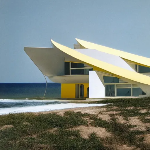 Prompt: architecture ad for a mid-century modern house by the beach designed by Zaha Hadid. Film grain, cinematic, colorized, yellow hue.