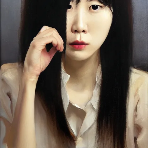 Image similar to portrait of a beautiful korean girl wearing a men's tuxedo, with long hair and bangs, angular features, angry expression, oil on canvas, elegant pose, masterpiece, Jonathan Yeo painting