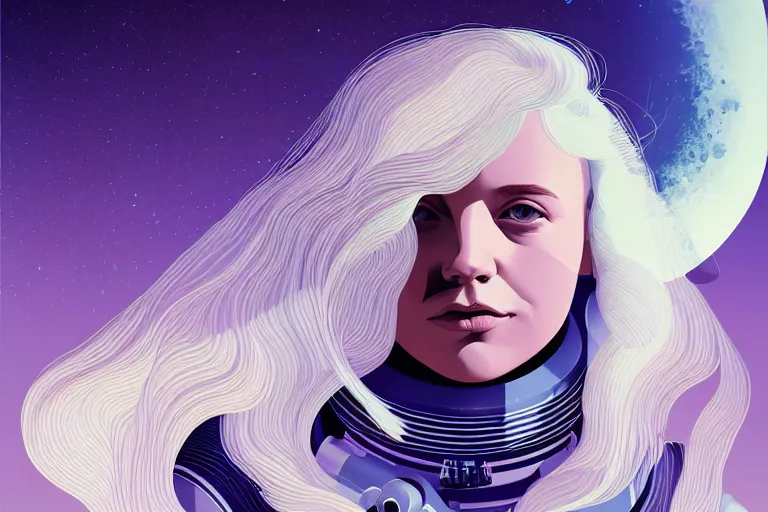 Prompt: editorial illustration by Karolis Strautniekas and Mads Berg , full body portrait of a young astronaut girl with flowing white hair, colorful, fine texture,detailed, muted colors,film noir, dramatic lighting, dynamic composition,moody, vivid, matte print,moody