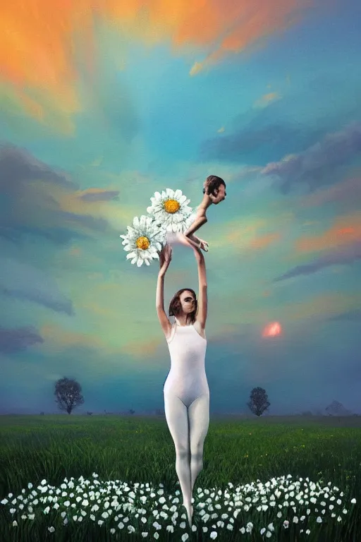 Image similar to giant white daisies flower as head, girl ballet dancing in a flower field, surreal photography, sunrise, dramatic light, impressionist painting, colorful clouds, digital painting, artstation, simon stalenhag