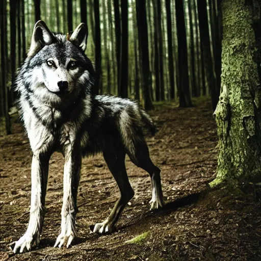 Image similar to werecreature consisting of a human and wolf, photograph captured in a forest