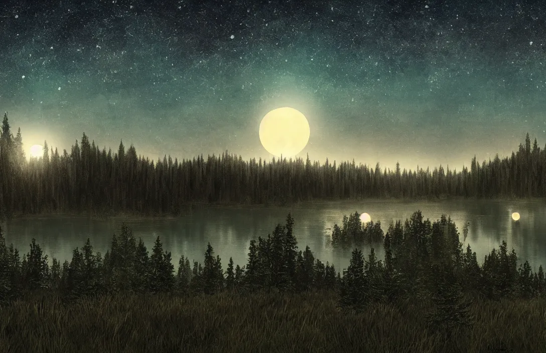 Image similar to full moon shining over a lake, forest in the background, starry night, dynamic glowing lighting, volumetric, bokeh, cinematic, establishing shot, extremly high detail, photo realistic, cinematic lighting, post processed, concept art, artstation, matte painting, style by eddie mendoza, raphael lacoste, alex ross