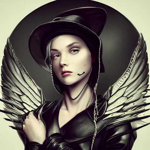 Image similar to A masterpiece portrait of a Incredibly beautiful queer girl with piercing and tatoo in black leather nun hat. Incredible light. light night, artstation Masterpiece. Angel. Angel wings. medium shot, intricate, elegant, highly detailed. trending on artstation, digital art, by Stanley Artgerm Lau, WLOP, Rossdraws, James Jean, Andrei Riabovitchev, Marc Simonetti, Yoshitaka Amano. background by James Jean and Gustav Klimt, light by Julie Bell, 4k, porcelain skin. Octane render. epic dark fantasy. Highly detailed digital painting. By greg rutkowski