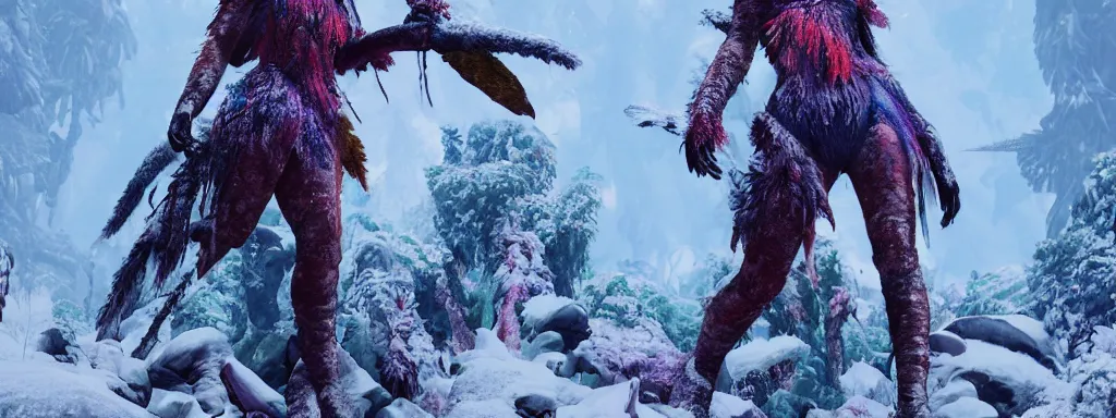 Prompt: explorer woman walking in animal fur armour, walking in a dense alien snow covered frosty jungle, with snow covered colourful red, blue and purple plants, large vines, snow covered arched organic rock structures, in the style of monster hunter world, like concept art on artstation, hyperdetailed, vray render, octane render,