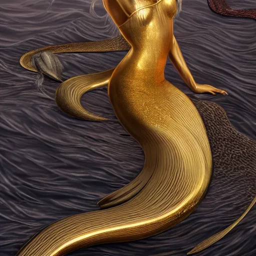 Image similar to gold and silver tones, mermaid, style of moebius, james jean, rutkowski, cinematic, high detail, award winning, 8 k photorealistic