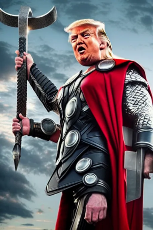 Image similar to donald trump as thor, wielding hammer, ready for battle, movie still