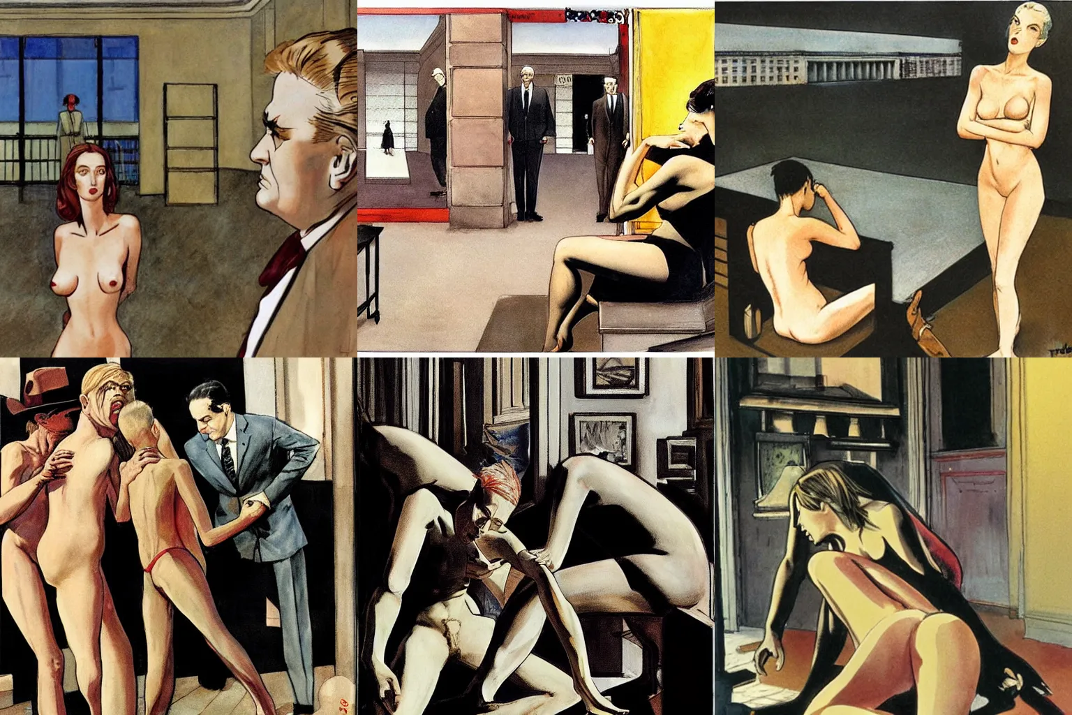 Prompt: metaphor for the division and destruction of social order, by helmut newton, edward hopper and milo manara