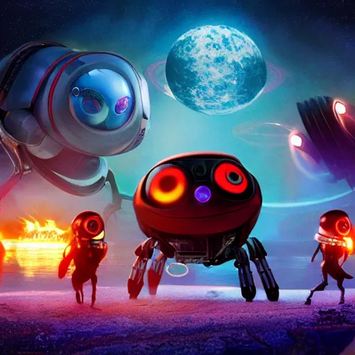 Image similar to promotional movie still, ladybug futuristic ( ( descendants ) ), ladybug quadruped with big rgb eyes, huge ladybug mothership, space western, dramatic lighting, the fellowship of the ring ( film ), ( ( ( wall - e ( film ) ) ) )