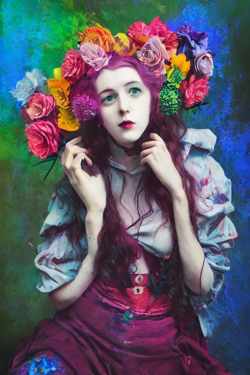 Prompt: pre-raphaelite punk rock dark rainbow noir anime girl painting, floral detail, photo by Annie Leibovitz, Anton Fadeev