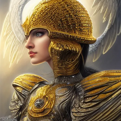 Image similar to a beautiful angel with a golden helmet wearing a silver armor with golden ornaments and diamonds jewelry, wings by alex gray and android jones, karol bak, ayami kojima, amano, concept art, character design, fantasy, 3 d, 8 k resolution