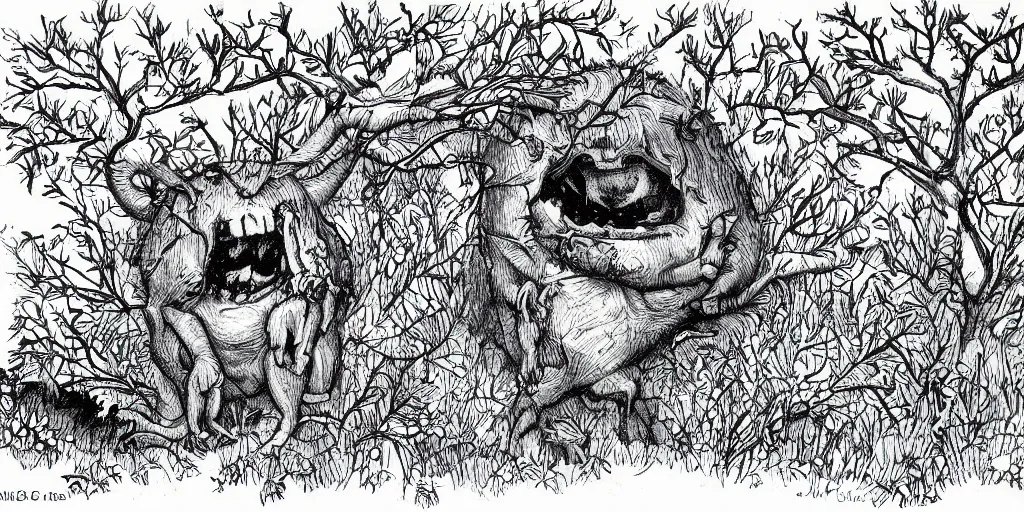 Image similar to detailed illustration, “A terrifying and evil creature found in the Australian bush in the style of May Gibbs”,