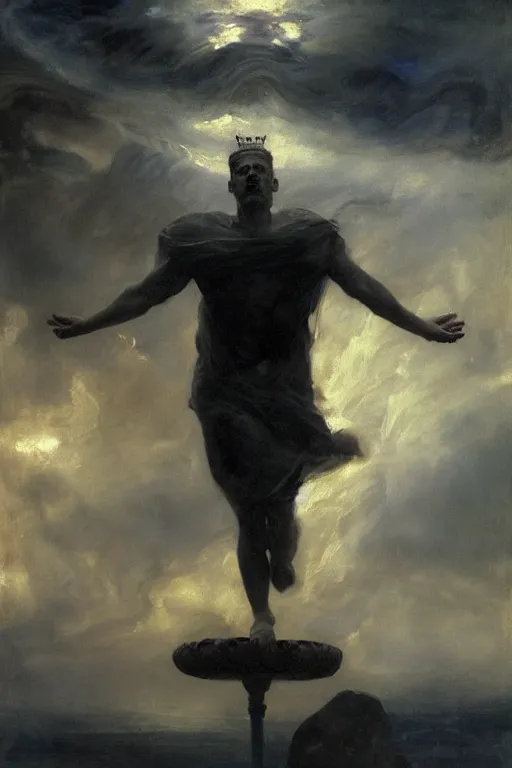 Prompt: beautiful detailed expressive impressionistic oil painting portrait of ancient roman god emperor steve buscemi levitating, ascending into the dark wearing the civic crown, renaissance painting, black background, art by anders zorn, wonderful masterpiece by greg rutkowski, expressive brush strokes, beautiful cinematic light, american romanticism by greg manchess, jessica rossier