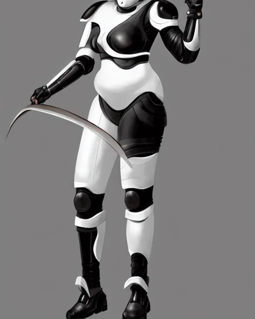 Image similar to concept art of a thicc female futurstic warrior, wearing a futuristic white helmet, futurstic black body smooth slim fitted armor, sleek design, aerodynamic design, holding a large futurstic robotic bow, full body image | | epic - fine - clean, polished, trending on artstation, brush strokes