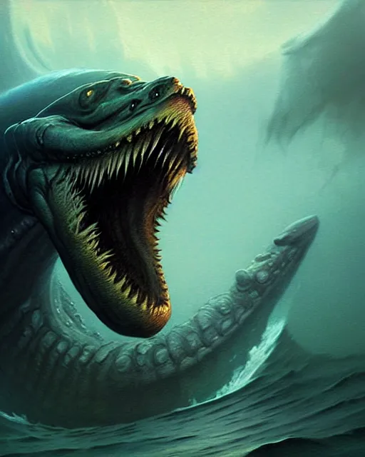 Image similar to anthropomorphic sea monster, leviathan | | terrifying, realistic shaded, fine details, realistic shaded lighting poster by greg rutkowski, diego gisbert llorens, magali villeneuve, artgerm, jeremy lipkin and rob rey