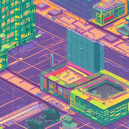 Image similar to isometric view of a cyberpunk city, samurai viewing the city from a rooftop, vaporwave skyline