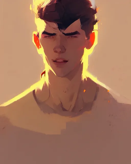 Image similar to hyper - realistic portrait of attractive brunet male by atey ghailan, by greg rutkowski, craig mullins, by greg tocchini, by james gilleard, by joe fenton, by kaethe butcher, dynamic lighting, gradient light yellow, brown, blonde cream and white color scheme, grunge aesthetic