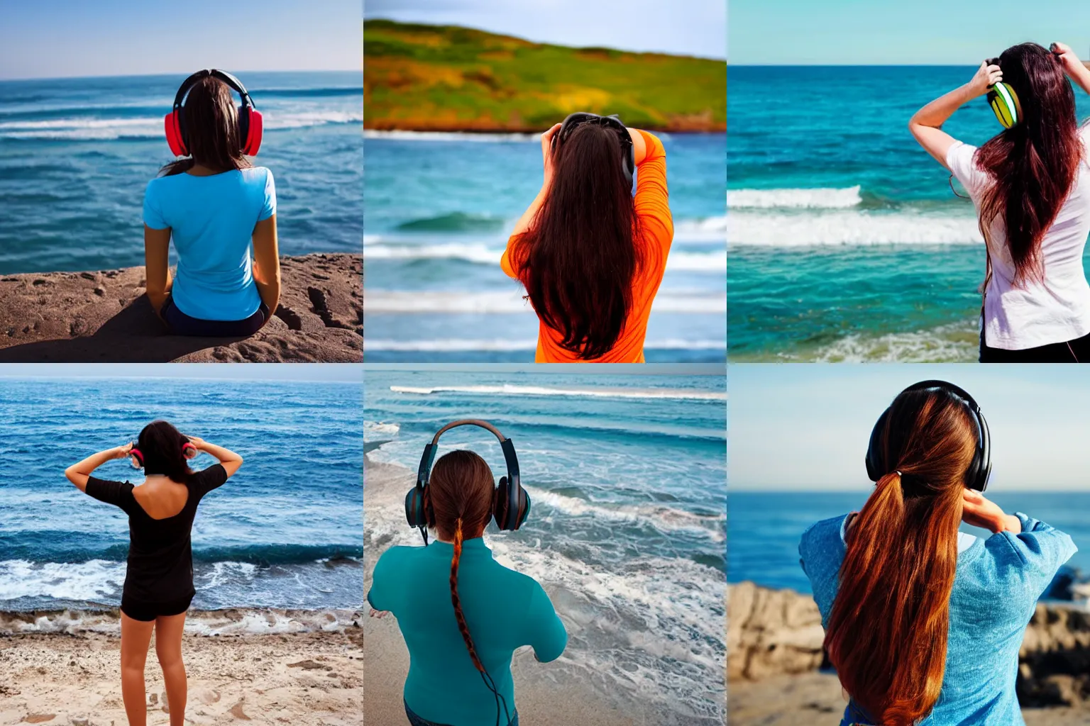 Prompt: back view of a beautiful woman with long hair and a confident expression looking at the sea, wearing headphones, vivid colors, woodcut