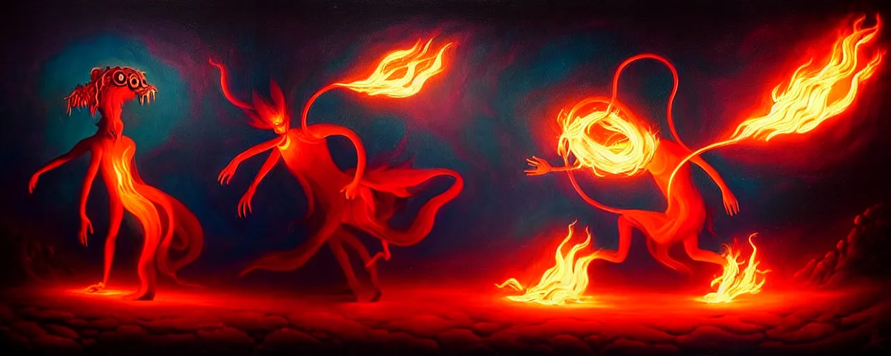 Image similar to whimsical fiery alchemical creatures, surreal dark uncanny painting by ronny khalil