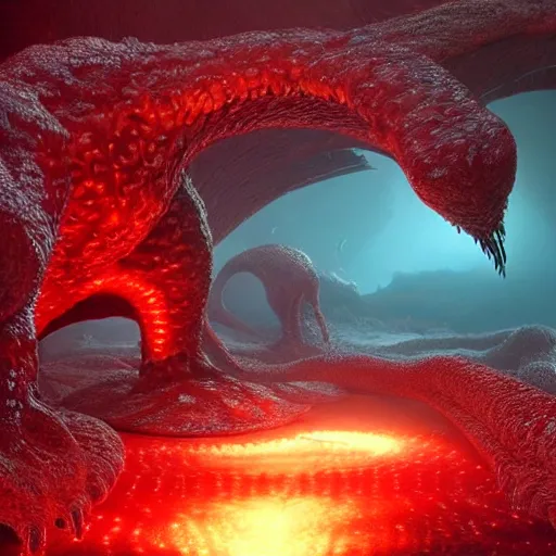 Prompt: The Ohmu are large, red, slug-like creatures with multiple legs and large, red eyes. soft lighting, rendered in octane, masterpiece, very very very aesthetic.