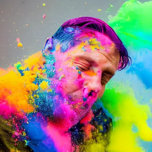 Prompt: a man dissolving in colorful powder explosion.