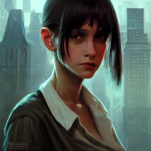 Image similar to closeup portrait of matilda from the movie leon the professional, city background, dramatic light, gorgeous view, depth, high detail, digital art, painted by greg rutkowski and seb mckinnon, by tim burton, trending on artstation